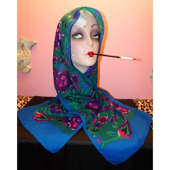 Vintage Purple & Blue Floral Scarf pinup retro rockabilly head wrap bow neck - Picture 2 of 10